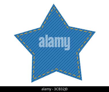 Patch denim star shape with stitches seam jeans fashion illustration. Flat apparel blue color template isolated on white background Stock Vector