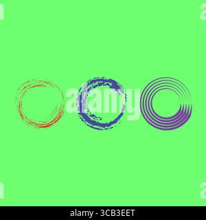 Three abstract circles. Grunge style rings. Light green background. Vector graphic illustration. Stock Vector