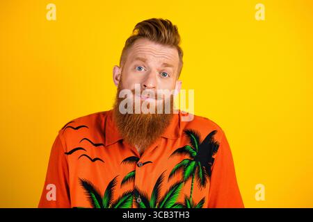 Young man with vibrant beard wearing tropical shirt posing against yellow background expressing a carefree attitude Stock Photo