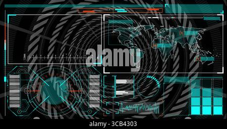 Displaying futuristic UI scanning streams on dashboard, with world map, radar display, grid panels Stock Photo