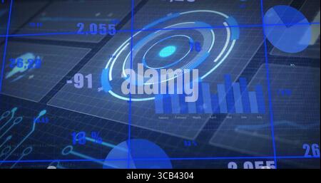 Holographic radial chart and bar graph floating in virtual grid, displaying numeric overlays Stock Photo