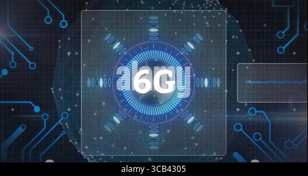 Projecting central '6G' interface pulsing radial bars and waveform panel in digital network grid Stock Photo