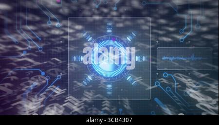 Floating circular interface showing overlay waveform, grid traces, symbols and arrows in circuitry Stock Photo