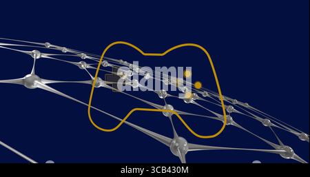 Showing orange gamepad on blue backdrop with silver neural net, yellow-orange buttons plus pad Stock Photo