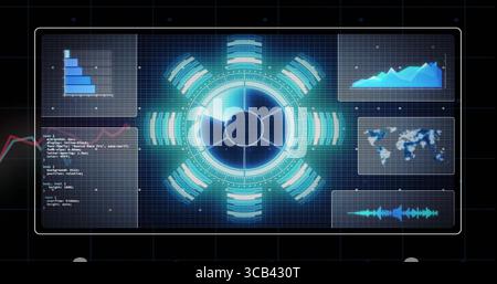 Displaying central circular hub pulsing blue-green light on grid interface, with data panels Stock Photo