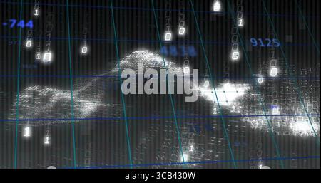 Displaying cascading binary streams forming lit mounds on teal grid in space, with floating labels Stock Photo