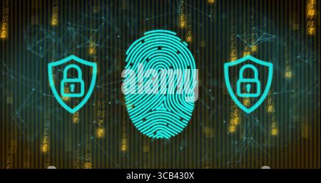 Displaying glowing cyan fingerprint at center in cyber network, shield padlocks and currency signs Stock Photo