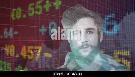 Displaying transparent shirted man over virtual finance overlay, blending stock tickers and graphs Stock Photo