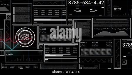 Displaying multiple dashboard panels showing line charts on control panel, with gauge widget Stock Photo