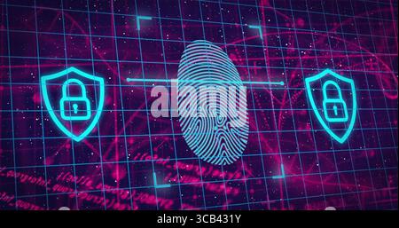 Displaying virtual security interface scanning fingerprint icon in neon grid with two shield icons Stock Photo