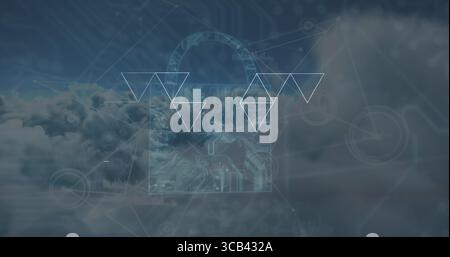 Displaying translucent padlock icon floating over clouds, with world overlay and network nodes Stock Photo