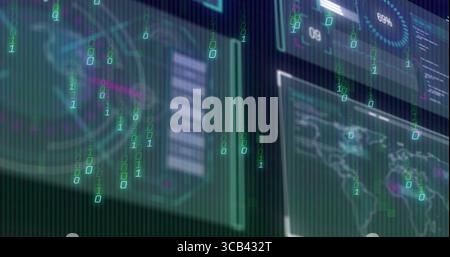 Holographic UI displaying translucent screens in panel, with charts map overlay and binary streams Stock Photo