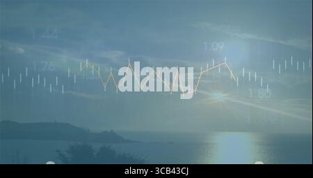 Displaying chart overlay over sunrise sea showing yellow line graph, candlesticks, numeric labels Stock Photo