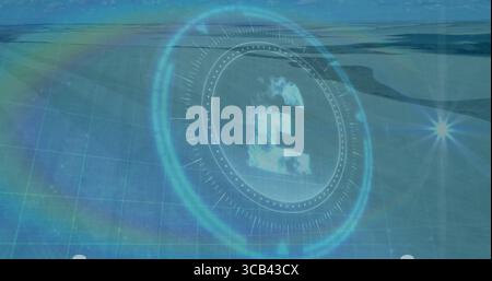 Displaying circular HUD element hovering in geospatial interface above planet grid, with lens flare Stock Photo