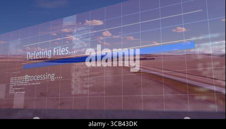 Displaying interface on desert highway showing grid overlay, blue progress bar and code panels Stock Photo
