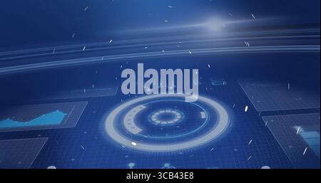Displaying central circular HUD in tech control hub, with glowing particles and line and bar charts Stock Photo