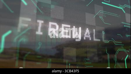 Displaying FIREWALL text graphic overlaying fields, featuring pixels and green circuit patterns Stock Photo