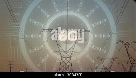 Displaying central transmission tower showing 6G digital overlay over rural power lines at dusk Stock Photo
