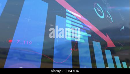 Displaying dashboard overlaying rural field horizon, with bar line charts, arrow, values, circles Stock Photo