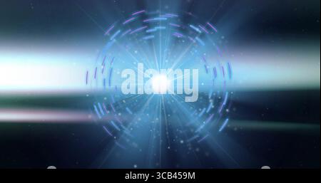 Radiating central orb sending light beams through concentric rings in space, with lens flare bands Stock Photo