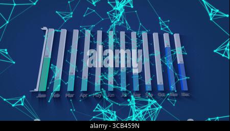 Displaying 3D bar chart showing values Jan to Dec on blue plane, with turquoise network overlay Stock Photo
