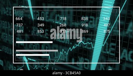 Showing outlined panel displaying digit grid, turquoise bar, progress bars, line graph on dark grid Stock Photo
