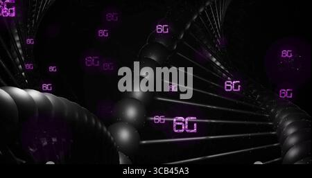 Forming helix strand linking black spheres with rods in virtual network, glowing purple 6G labels Stock Photo