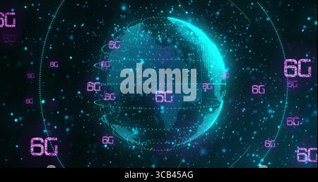 Holographic globe formed by nodes and lines glowing in data network space, with floating 6G labels Stock Photo