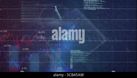 Displaying data dashboard in lab interface, showing red and blue line charts and test tube overlay Stock Photo