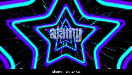 Radiating nested neon star outlines creating depth effect in virtual space, with light streaks Stock Photo