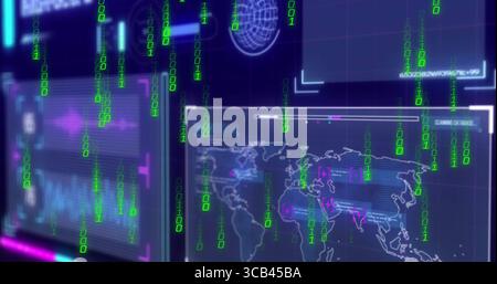Displaying interface in cyberspace showing holographic world map overlays and cascading binary code Stock Photo