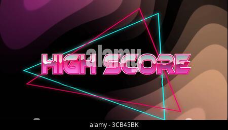 Displaying bold neon pink HIGH SCORE text over retro arcade interface, with glowing triangle lines Stock Photo
