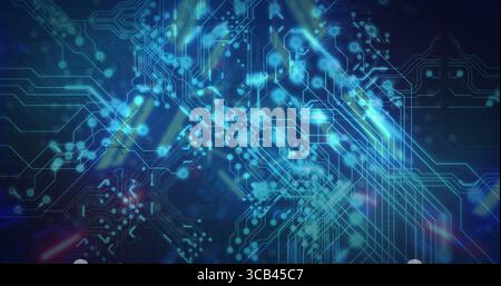 Displaying glowing blue circuit traces on dark interface, with glowing nodes and connection points Stock Photo