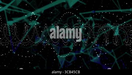 Displaying horizontal dotted sine-wave in virtual space, with polygonal network and luminous points Stock Photo