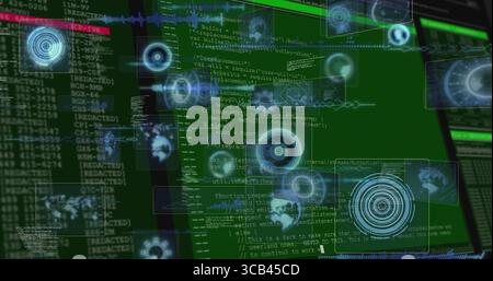 Displaying cyan holographic HUD element floating over data interface, with code and terminals Stock Photo