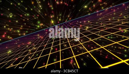 Extending neon grid plane receding into cyberspace with cyan horizon, glowing particles, streaks Stock Photo