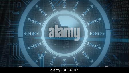 Displaying circular gauge rotating over control panel, with code overlay and arrow markers Stock Photo