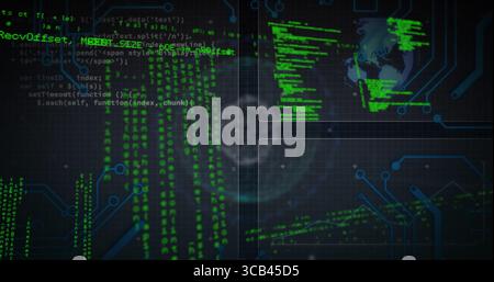 Streaming green code column in virtual interface, with code panels, circuit lines and digital globe Stock Photo