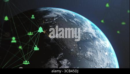 Displaying Earth glowing with city lights over star field, with network lines linking user icons Stock Photo