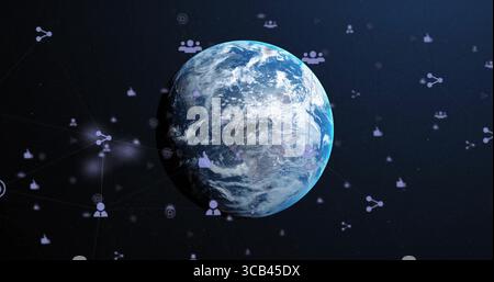 Floating 3D rendered Earth globe within dark space, with social icons connected by glowing lines Stock Photo