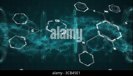 Showing molecules with hexagonal rings labeled atoms and bonds in lab over teal grid waveforms Stock Photo