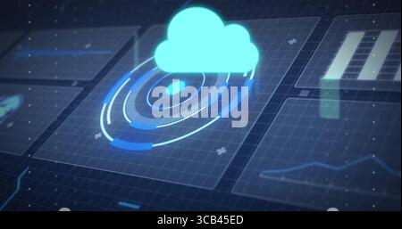 Cyan cloud icon floating above radar on dark grid, showing bar charts line graphs plus symbols Stock Photo