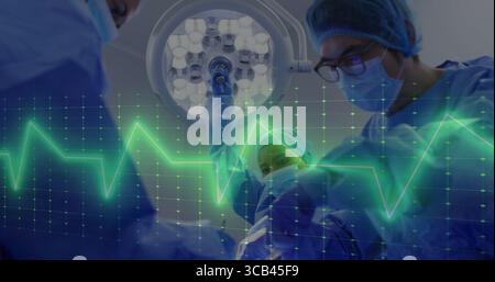 Standing surgical team performing surgery in operating room, with gowns masks lamp and ECG waveform Stock Photo