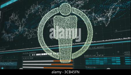 Displaying glowing wireframe human silhouette in interface, with Additive Data scanning and charts Stock Photo