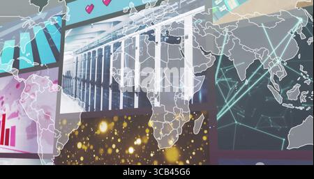 Displaying server panel overlaying world map and network in UI, with glowing particles and hearts Stock Photo