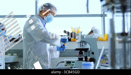Pipetting lab scientist wearing lab coat using pipette transferring orange liquid into vial in lab Stock Photo