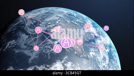 Displaying Earth spinning in outer space, linking pink and purple user icons across continents Stock Photo