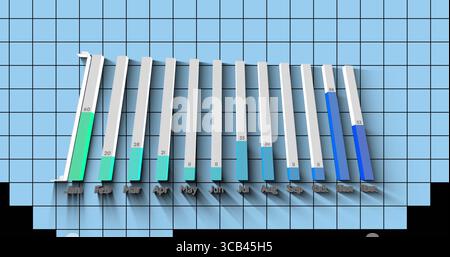 Displaying 3D bar chart rising from black base on blue grid, with month and value labels Stock Photo