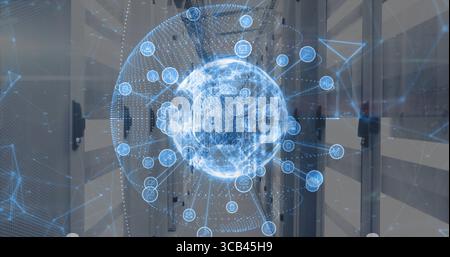 Floating hologram globe projection glowing in data center aisle with server racks and network icons Stock Photo