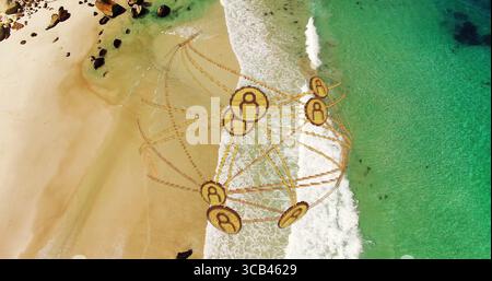 Hovering golden globe overlaying coastal beach meeting turquoise sea, avatar connections Stock Photo